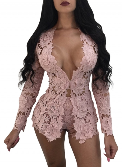 Women's Floral Lace Long Sleeve Blouse Shorts Set zecalaba.com