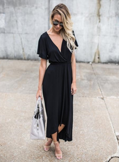 Women's V Neck Short Sleeve High Low Maxi Dress