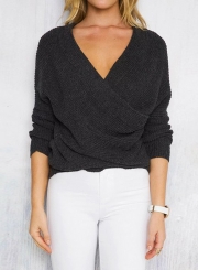 Women's Solid Cross V Neck Long Sleeve Sweater