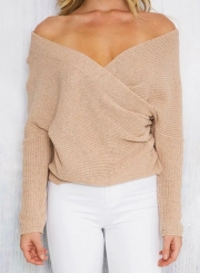 Women's Solid Cross V Neck Long Sleeve Sweater