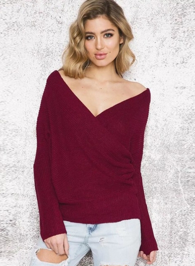 Women's Solid Cross V Neck Long Sleeve Sweater zecalaba.com