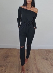 Women's Solid Slash Neck Long Sleeve Jumpsuit