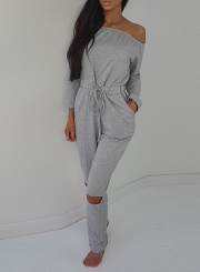 Women's Solid Slash Neck Long Sleeve Jumpsuit