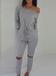 Women's Solid Slash Neck Long Sleeve Jumpsuit