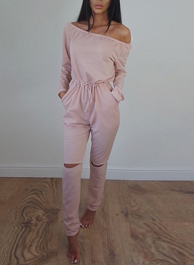 Women's Solid Slash Neck Long Sleeve Jumpsuit zecalaba.com