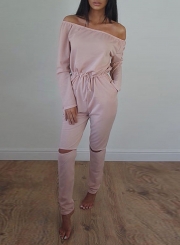 Women's Solid Slash Neck Long Sleeve Jumpsuit