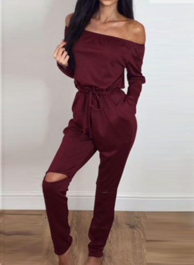 Women's Solid Slash Neck Long Sleeve Jumpsuit zecalaba.com