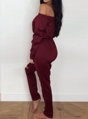 Women's Solid Slash Neck Long Sleeve Jumpsuit