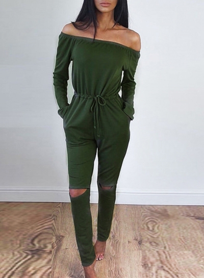 Women's Solid Slash Neck Long Sleeve Jumpsuit zecalaba.com