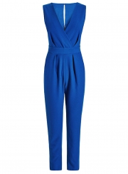 Women's Solid V Neck Sleeveless Jumpsuit with Bow