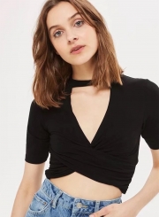 V Neck Cross front Solid Crop Top