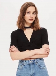 V Neck Cross front Solid Crop Top