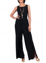 Women's Fashion Sleeveless Solid Wide Leg Loose Slit Jumpsuit