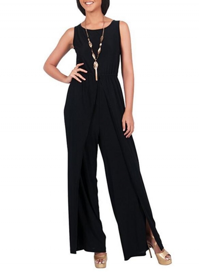 Women's Fashion Sleeveless Solid Wide Leg Loose Slit Jumpsuit YOYOTSHOP.com