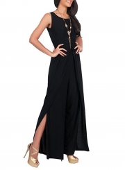 Women's Fashion Sleeveless Solid Wide Leg Loose Slit Jumpsuit