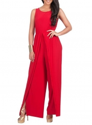 Women's Fashion Sleeveless Solid Wide Leg Loose Slit Jumpsuit