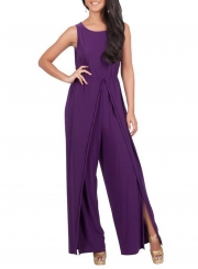 Women's Fashion Sleeveless Solid Wide Leg Loose Slit Jumpsuit