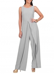 Women's Fashion Sleeveless Solid Wide Leg Loose Slit Jumpsuit