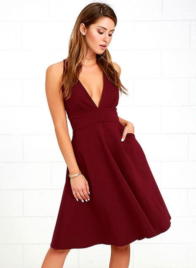 Women's Solid V Neck Sleeveless Slim Dress lonhooker.com