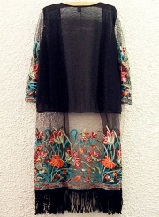 Women's Floral Embroidery Open front Long Chiffon Kimono with Tassel