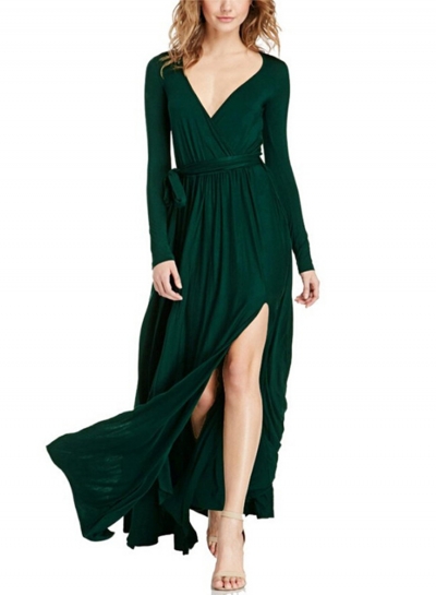 Women's Elegant V Neck Long Sleeve High Slit Maxi Dress with Belt