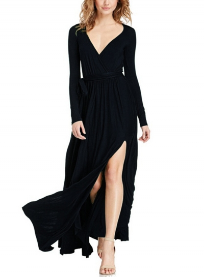 Women's Elegant V Neck Long Sleeve High Slit Maxi Dress with Belt zecalaba.com