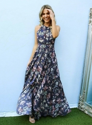 Women's Halter Sleeveless High Waist Floral Print Dress