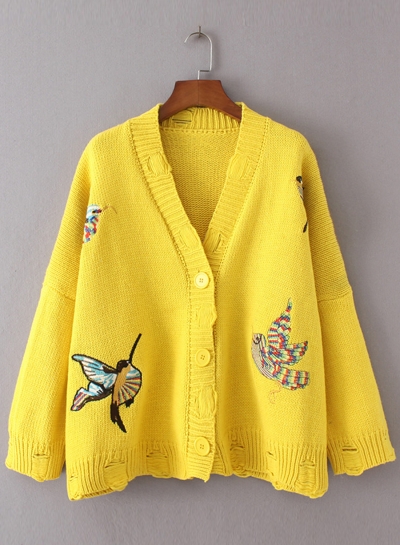 Women's Fashion V Neck Bird Embroidery Ripped Cardigan Sweater lonhooker.com