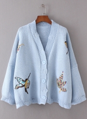 Women's Fashion V Neck Bird Embroidery Ripped Cardigan Sweater