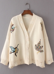 Women's Fashion V Neck Bird Embroidery Ripped Cardigan Sweater