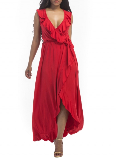 Women's Deep V Neck Flounce Panel Irregular Maxi Dress zecalaba.com