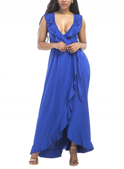 Women's Deep V Neck Flounce Panel Irregular Maxi Dress zecalaba.com