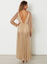 Women's Fashion Sequins Deep V Neck See Through Maxi Dress