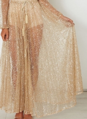 Women's Fashion Sequins Deep V Neck See Through Maxi Dress