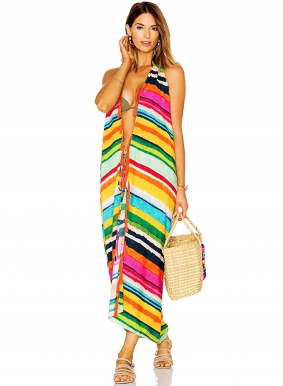 Women's Fashion Colored Stripes Print Sleeveless Backless Loose Beachwear