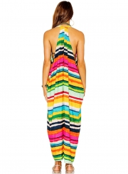 Women's Fashion Colored Stripes Print Sleeveless Backless Loose Beachwear