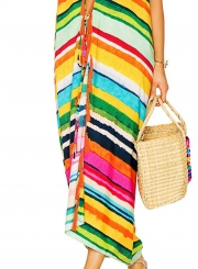 Women's Fashion Colored Stripes Print Sleeveless Backless Loose Beachwear