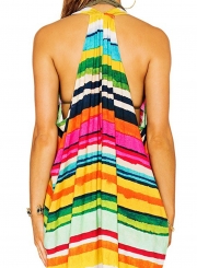 Women's Fashion Colored Stripes Print Sleeveless Backless Loose Beachwear