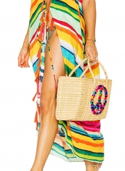 Women's Fashion Colored Stripes Print Sleeveless Backless Loose Beachwear