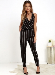 Women's V Neck Off Shoulder Striped Jumpsuit