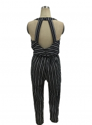 Women's V Neck Off Shoulder Striped Jumpsuit