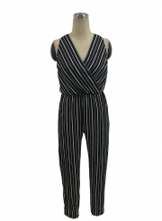 Women's V Neck Off Shoulder Striped Jumpsuit