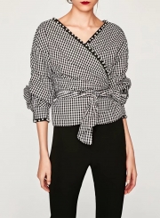 Women's Fashion Plaid Wrap V Neck Long Sleeve Pearls Tie Waist Blouse