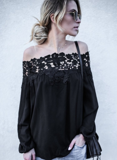 Women's Fashion off Shoulder Lace Long Sleeve Loose Blouse