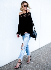 Women's Fashion off Shoulder Lace Long Sleeve Loose Blouse