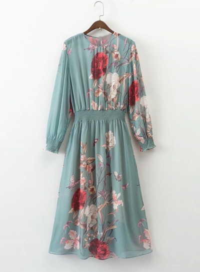 Women's Long Sleeve Floral Print Elastic Waist Dress zecalaba.com