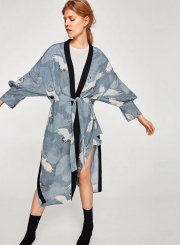 Women's Crane Print Long Sleeve Slit Kimono