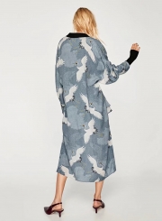 Women's Crane Print Long Sleeve Slit Kimono