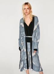 Women's Crane Print Long Sleeve Slit Kimono