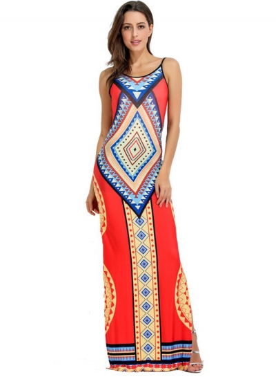 Women's Fashion Bohemian Geometric Print Sleeveless Backless Maxi Dress zecalaba.com